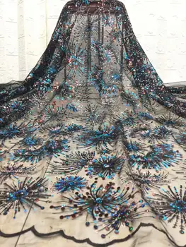 

Unique Design African Sequins Net Lace Fabric High Quality Nigeria Tassel Embroidery Gold Sequins Lace Fabric for party