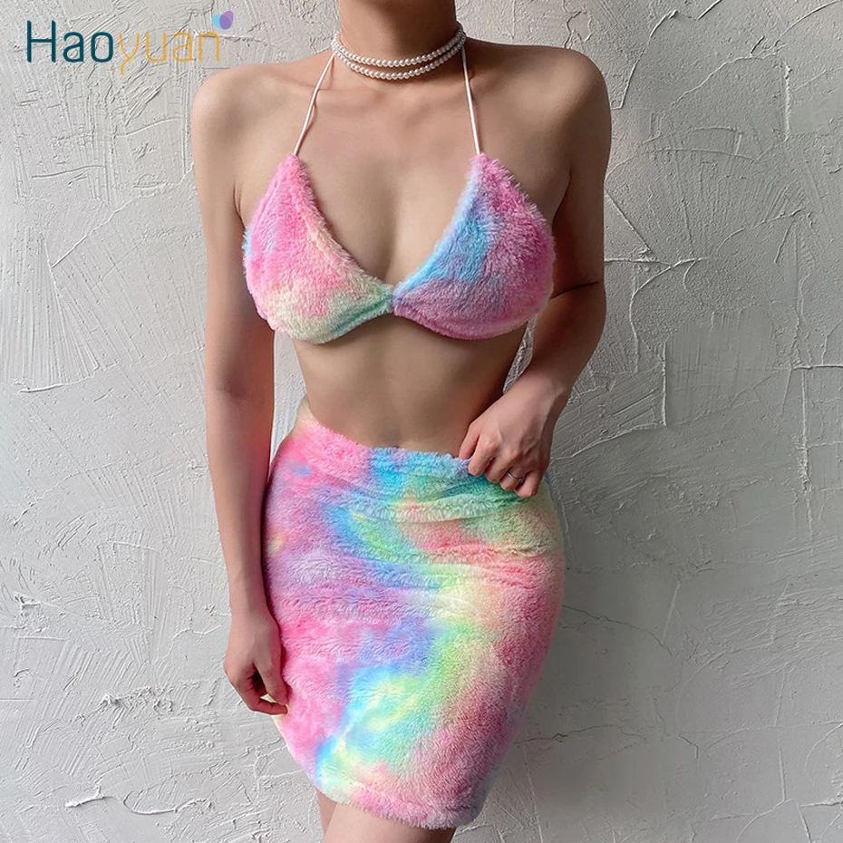 

HAOYUAN Two Piece Set Women Festival Clothing Tie Dye Sexy Plush Bra Crop Top Bra and Skirt 2 Piece Club Outfits Matching Sets