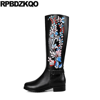 

knee high block 10 embroidered side zip boots luxury black big size chunky shoes genuine leather winter women embroidery trend