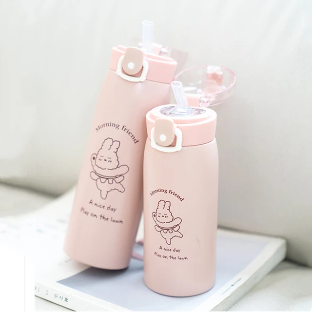 500 ML Cute Cartoon Straw Thermos Bottle Coffee Thermal Mug Stainless Steel  Insulation Cup Portable Handle