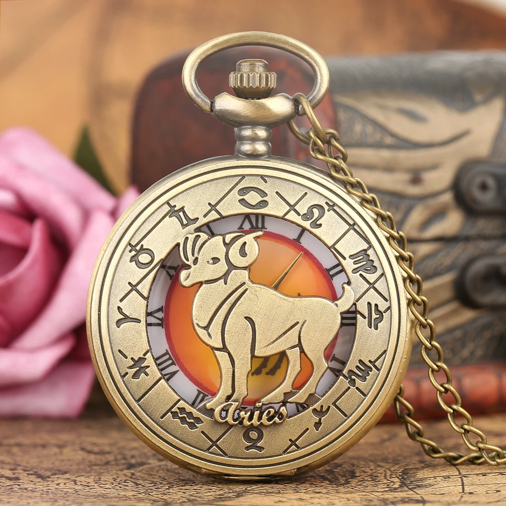 

Vintage 12 Astrology Necklace Chain Quartz Pocket Watch Large Dial Nice Bronze Case Pendant Watch for Male Female