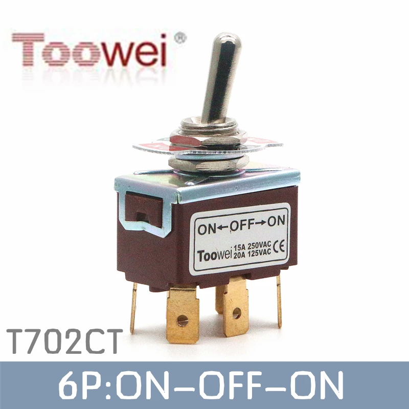 

Toowei T702CT 6 pins toggle switch ON-OFF-ON 15A 250V/ 20A 125V Assembly hole 12mm/ 6.3mm qucik contact