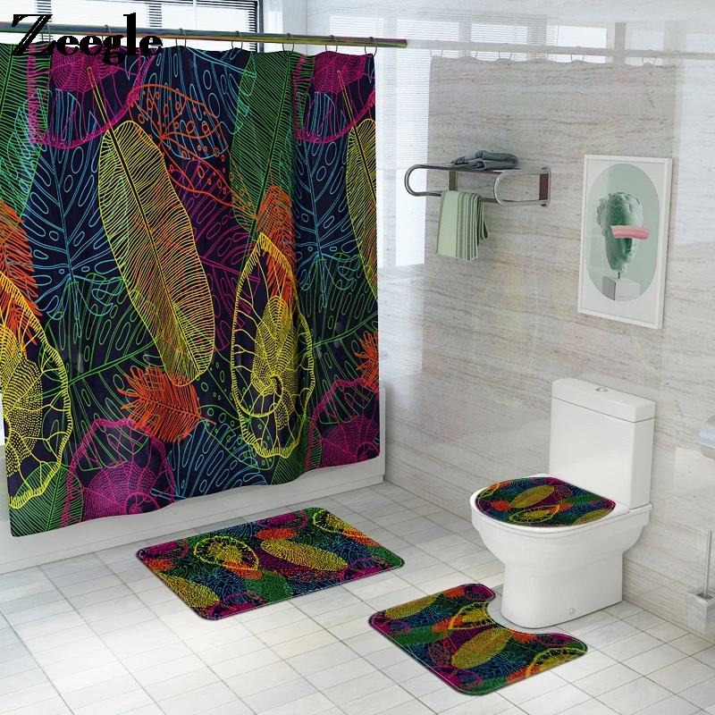 Colorful Leaves Pattern Bath Mat Set Non Slip Bath Rugs for Bathroom Shower Room Carpet Mat Toilet Seat Cover Mat