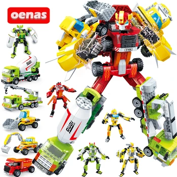 

MOC Deformation Engineering Crane Bulldozer Truck Mixer Car Vehicle Model Building Block Transformation Robot Toys Children Gift
