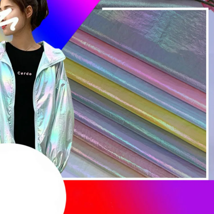 Розовая блестящая перламутровая ткань с градиентом Солнцезащитная пуховая ткань, цвет белый, желтый и синий