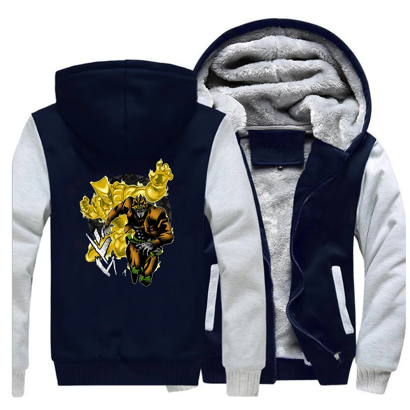 Gray Dark Blue Японское аниме Джоджо толстовка мужская куртка зимняя теплая флисовая толстовка Джоджо Необычные Приключения толстовки Толстовка Дио мир толстое пальто - Цвет: Gray Dark Blue