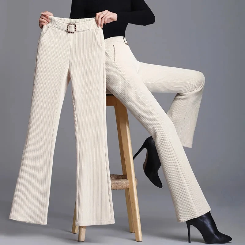 Super Elastic Waist Baggy Pants Women Office Work Wear Pocket Flare Pants Large Size 4XL Corduroy Trousers Fashion Bell Buttom