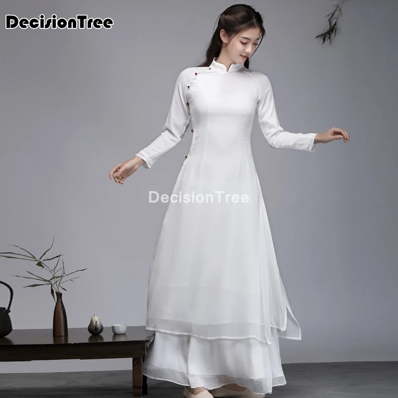 2021 китайское платье cheongsam qipao вечерние Восточное длинное чистый белый хлопок лен