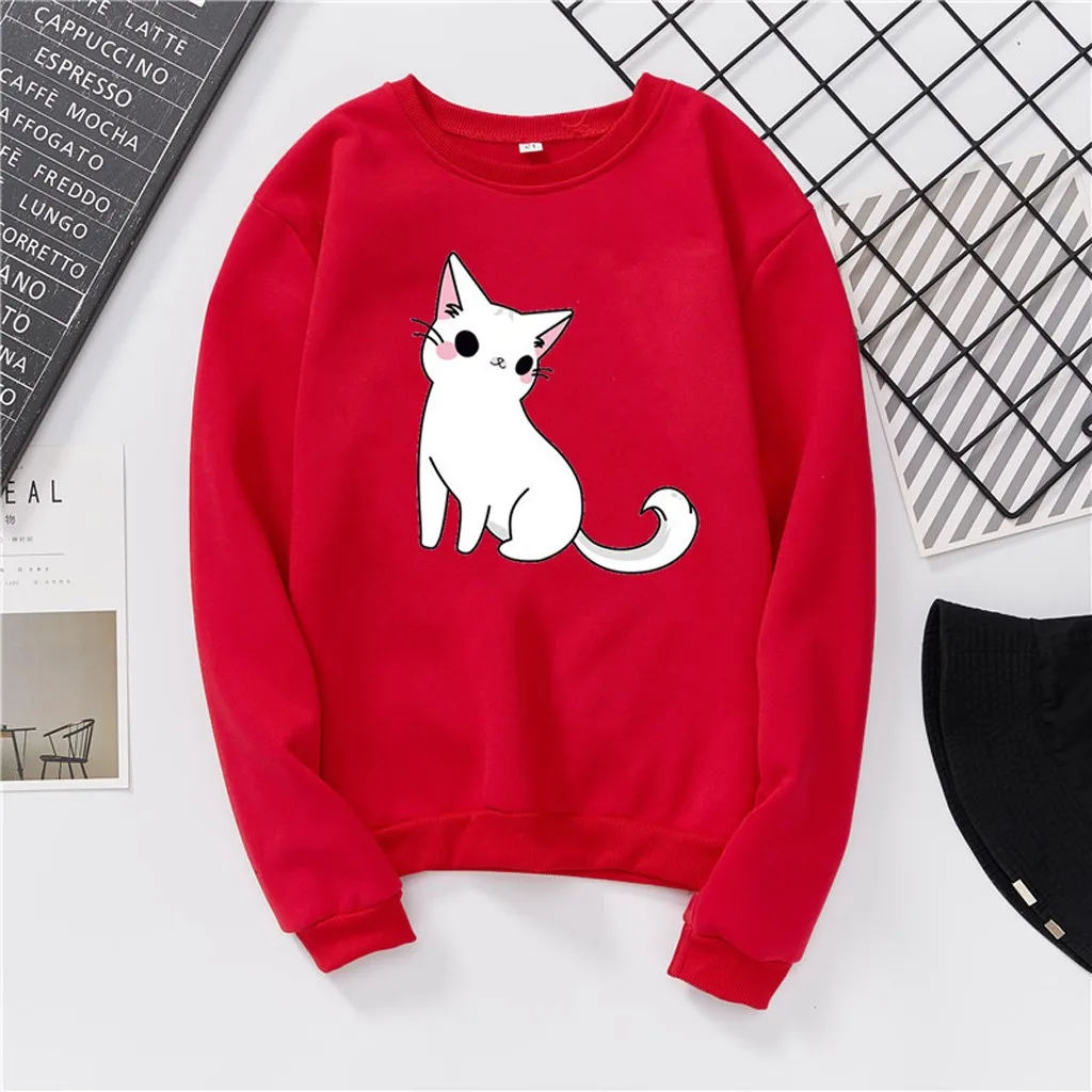 JAYCOSIN, Модный женский свободный свитер с круглым вырезом и принтом кота, длинный рукав, элегантный повседневный изящный элегантный пуловер