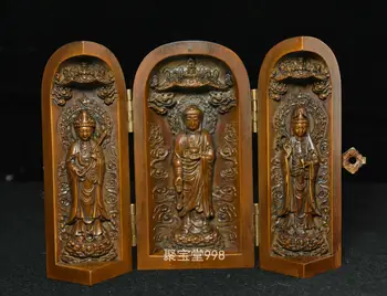 

wedding decoration Old Tibet Boxwood Wood Carved GuanYin Sakyamuni Kwan-yin Buddha Statue Shrines Box