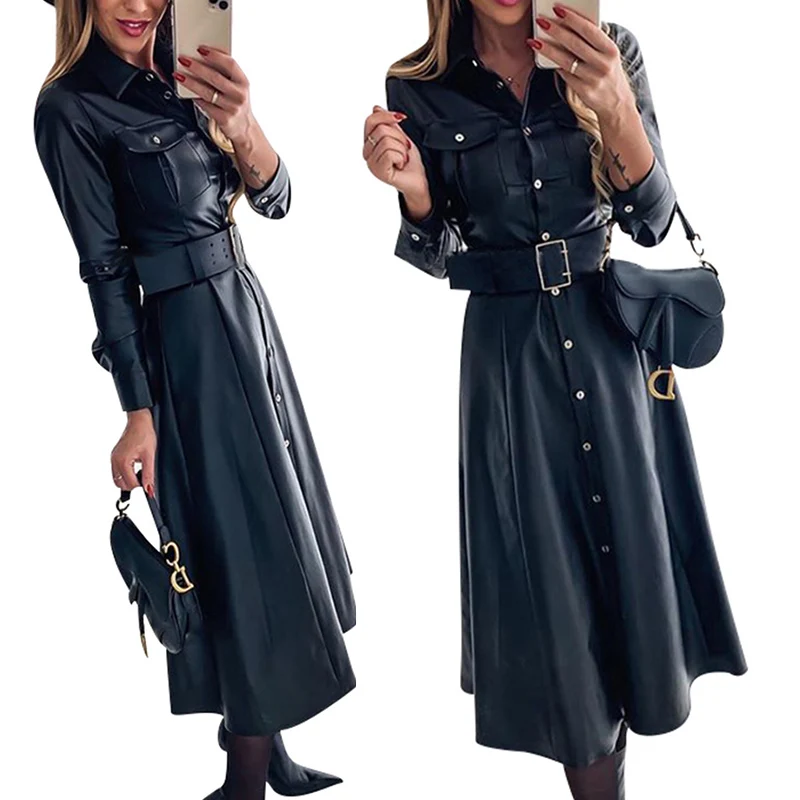 Midi Faux Leather Dress Club Wear Sexy Dress Office Ladies A-Line Buttons Dresses Belt PU Shirts Dress Women Vintage vestidos Midi Faux Leather Dress Club Wear Sexy Dress Office Ladies A-Line Buttons Dresses Belt PU Shirts Dress Women Vintage vestidos
