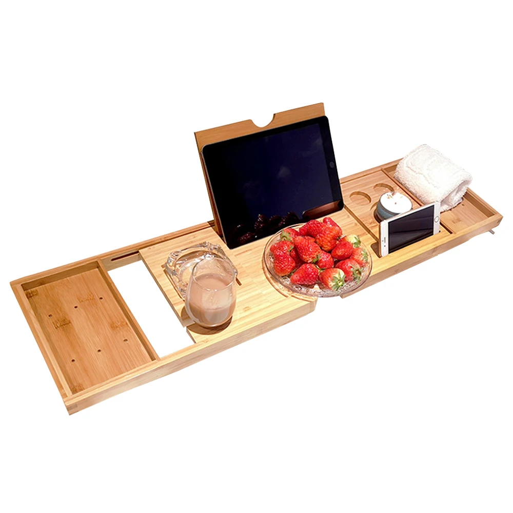 Aquaa Life Bamboo Bathtub Caddy Tray-Extendable Tray with Wine Phone Book Holder 