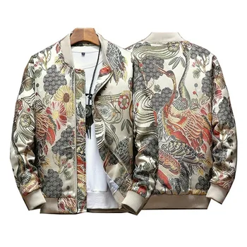 

Jackets Men Japan Style Mens Floral & Crane Embroidery Bomber Coat Stand Collar Men Streetwear College Baseball Autumn Coat