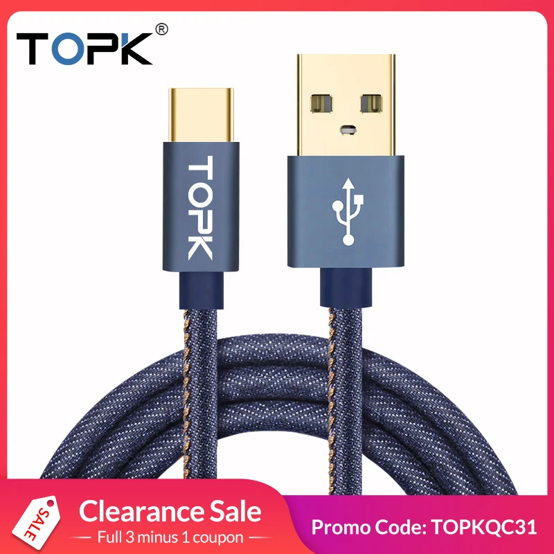 Type-C кабель TOPK Denim провод USB C позолоченный штекер быстрой зарядки usb type для MacBook/Xiaomi