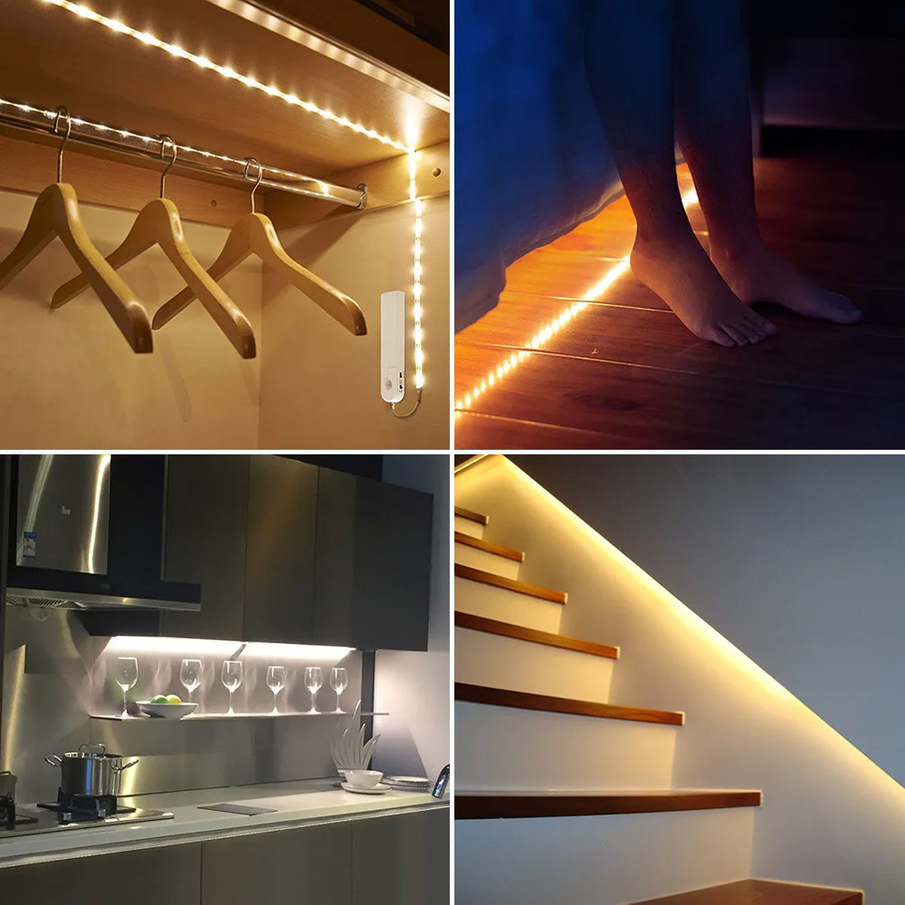 

USB LED Strip Light Indoor PIR Motion Sensor Detector Flexible SMD 2835 60 LEDs/m Smart OFF/ON Night Light Closet Cabinet Stairs