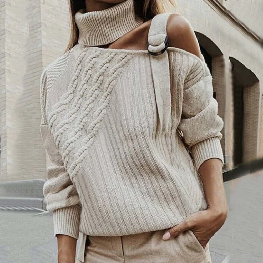 

Patchwork Sweaters For Women Sexy Turtleneck With Bare Shoulders Warm Autumn Winter Pullovers Long Sleeve Ribbed Knit Sweater