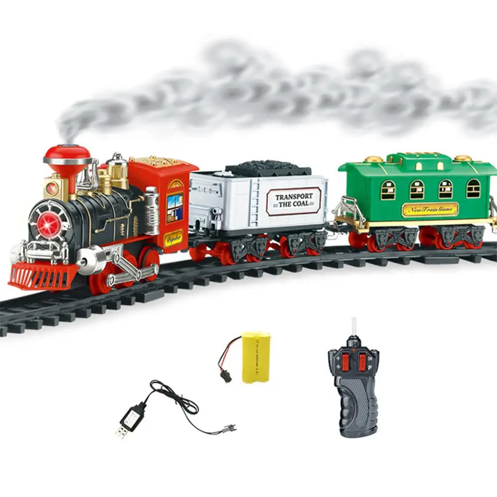

New Electric Rechargeable Smoke Music Dynamic Steam RC Track Military Good Train Set Simulation Model Toy Set Children Remote