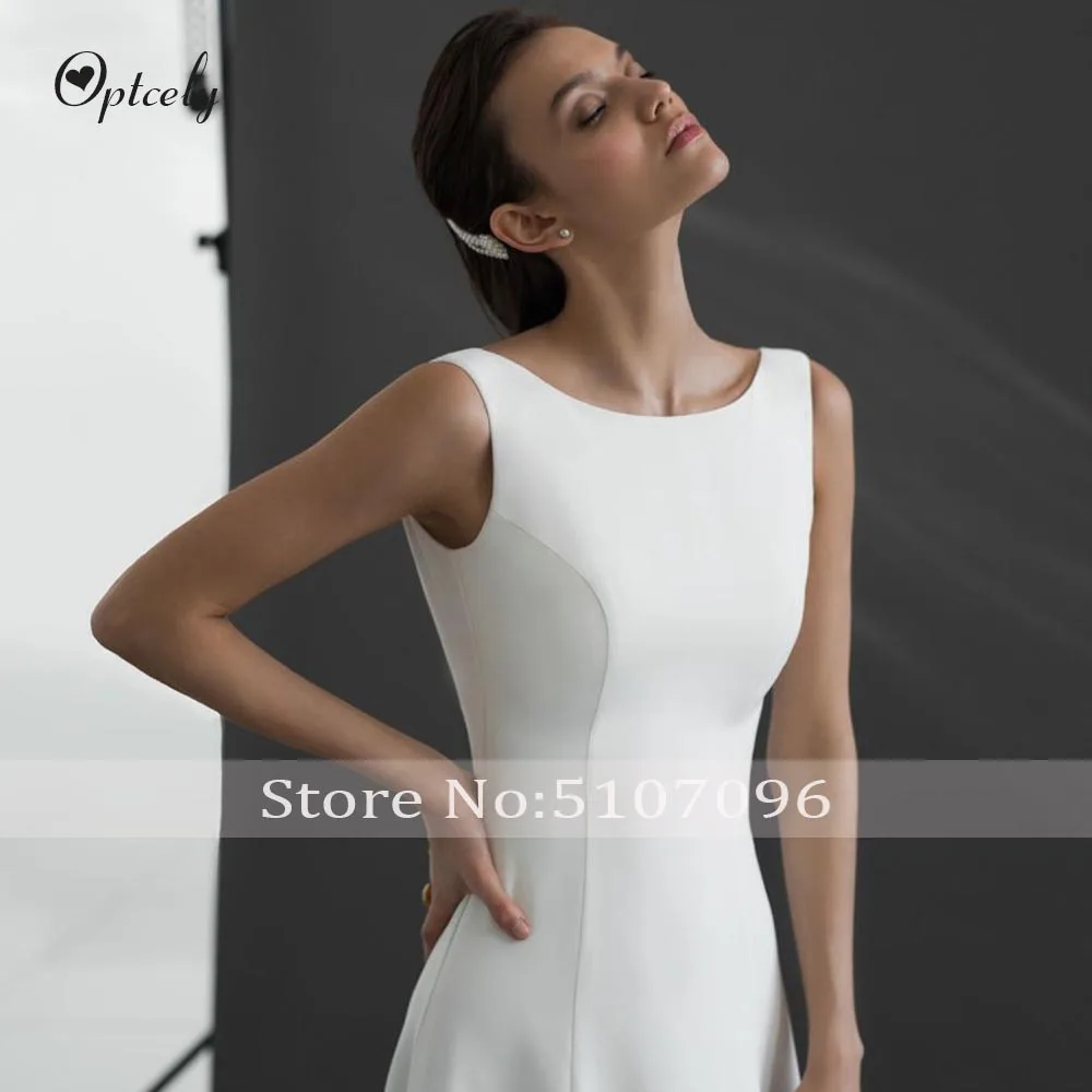 Optcely Simple White Scoop Neck Zipper A-Line Wedding Dresses Vintage Bohemian Backless Sleeveless Sweep Train Bridal Gowns