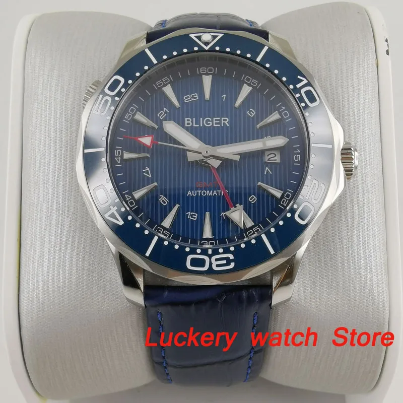 41 мм bliger роскошные часы с синим циферблатом светящиеся saphire стекло; кожаный ремешок GMT Автоматические Мужские механические Watches-BA191 - Цвет: NO1