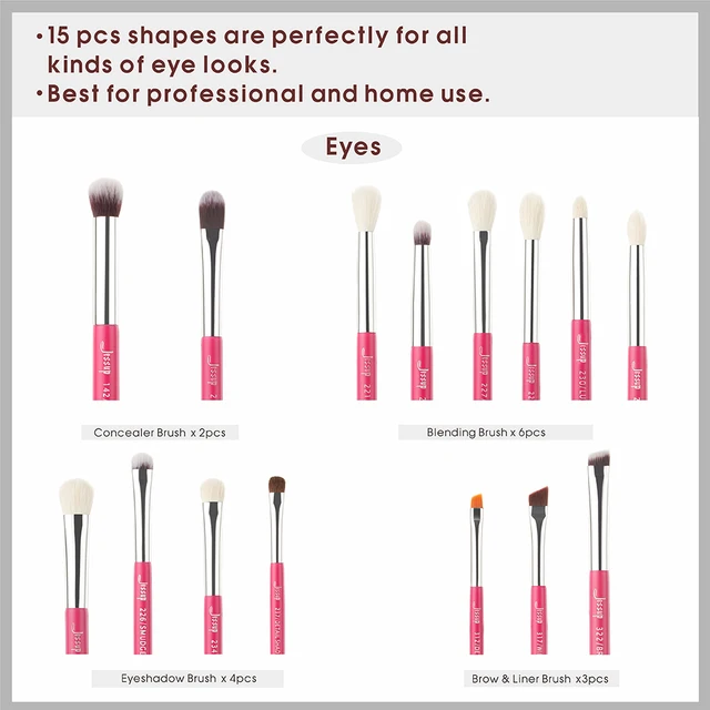 Jessup Brush Professional Eye Makeup Brush Set 15Pcs Rose-carmine Natural-synthetic hairEyebrow liner Shader Cosmetic Kit T197 6