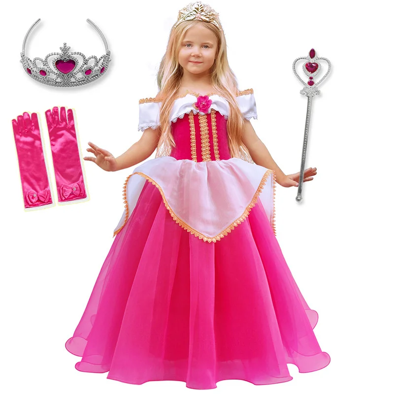 

Girl Aurora Costume Dress up Princess Clothes Children Off Shoulder Ankle Length Sleeping Beauty Halloween Cosplay Dress 4-10Yrs