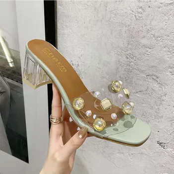 

High Heels Women Slippers Rivet Transparent Shoes Square Toe Bead Clear Heels Summer Outdoor Elegant Crystal Slides Shoes Woman