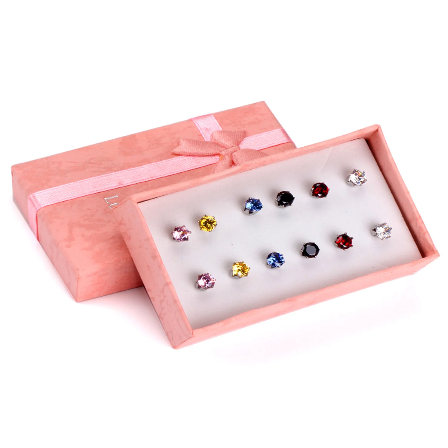 LUXUSTEEL Geschenk Box 6Pairs Stud Ohrringe Sets Edelstahl Anit-allergie Bunte Kristall Zirkonia Ohrring für Frauen 3/5/7mm