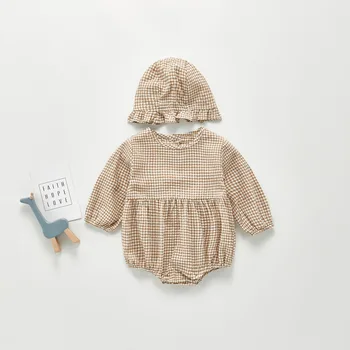 

3921 New Baby Kids One Piece Set Girl Baby's Retro Plaid Romper with Hat One Piece Creeper Baby Autumn Clothes