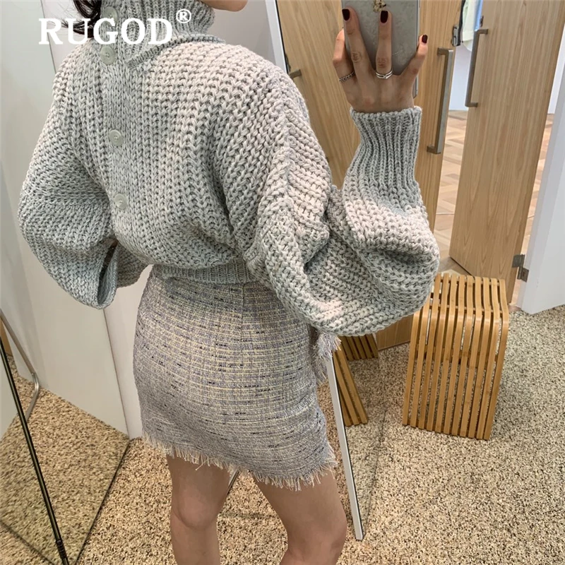 RUGOD Korean solid sweater women elegant lantern sleeve single-breasted turtleneck pullover Fashion auturm women clothes