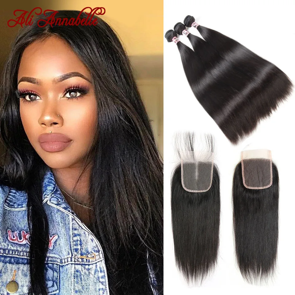 Straight-Bundles Closure Human-Hair Hd Lace Peruvian Transparent Double-Weft with 5x5