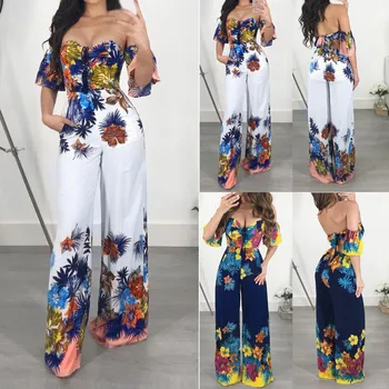 

Women Sexy Jumpsuit Ruffle Half Sleeve Print Playsuit Off Shoulder Self Tie Yellow Jumpsuits Elegant Bodysuit