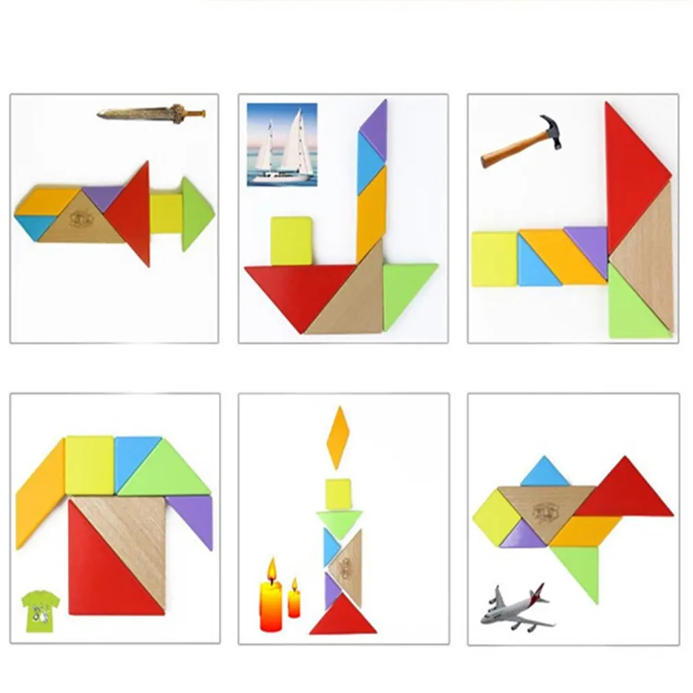 Деревянные Tangram 7 частей головоломки геометрическая форма красочный квадрат IQ Игры Головоломка интеллектуальные Обучающие игрушки для детей
