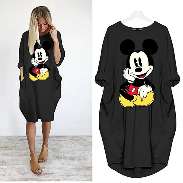 Disney Plus Size Midi Dress Long Sleeve Robe Casual Minnie Mickey Mouse Print Beach Loose Dresses Kawaii Sundress Women Clothing D002H1691 Black