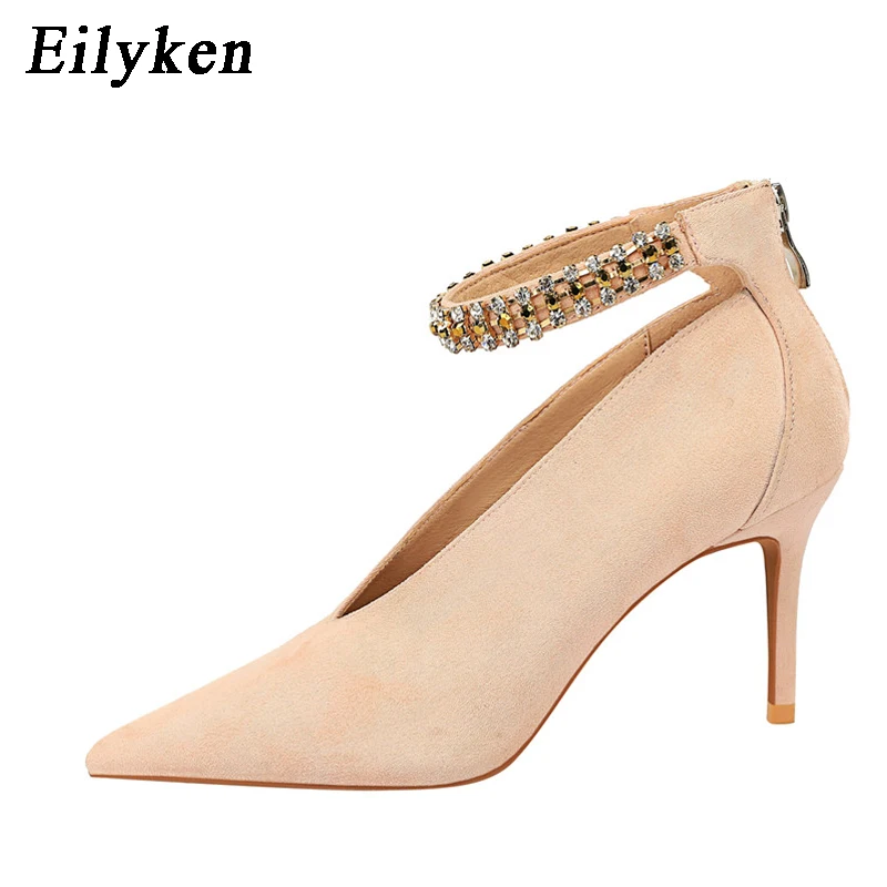 Eilyken/модные женские туфли-лодочки с острым носком и v-образной пряжкой, каблуки пряжки, ремни, шпильки, сексуальные туфли с ремешком на щиколотке, женские туфли-лодочки - Цвет: Pink  10CM