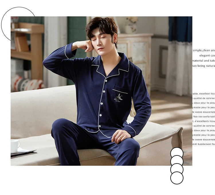 Autumn Winter Men Cotton Pajamas Set Fashion Red Letter Stripes Turn-dowm Collar Sleepwear Loose Blue Long Sleeve Men Home Suits mens silk pajama set