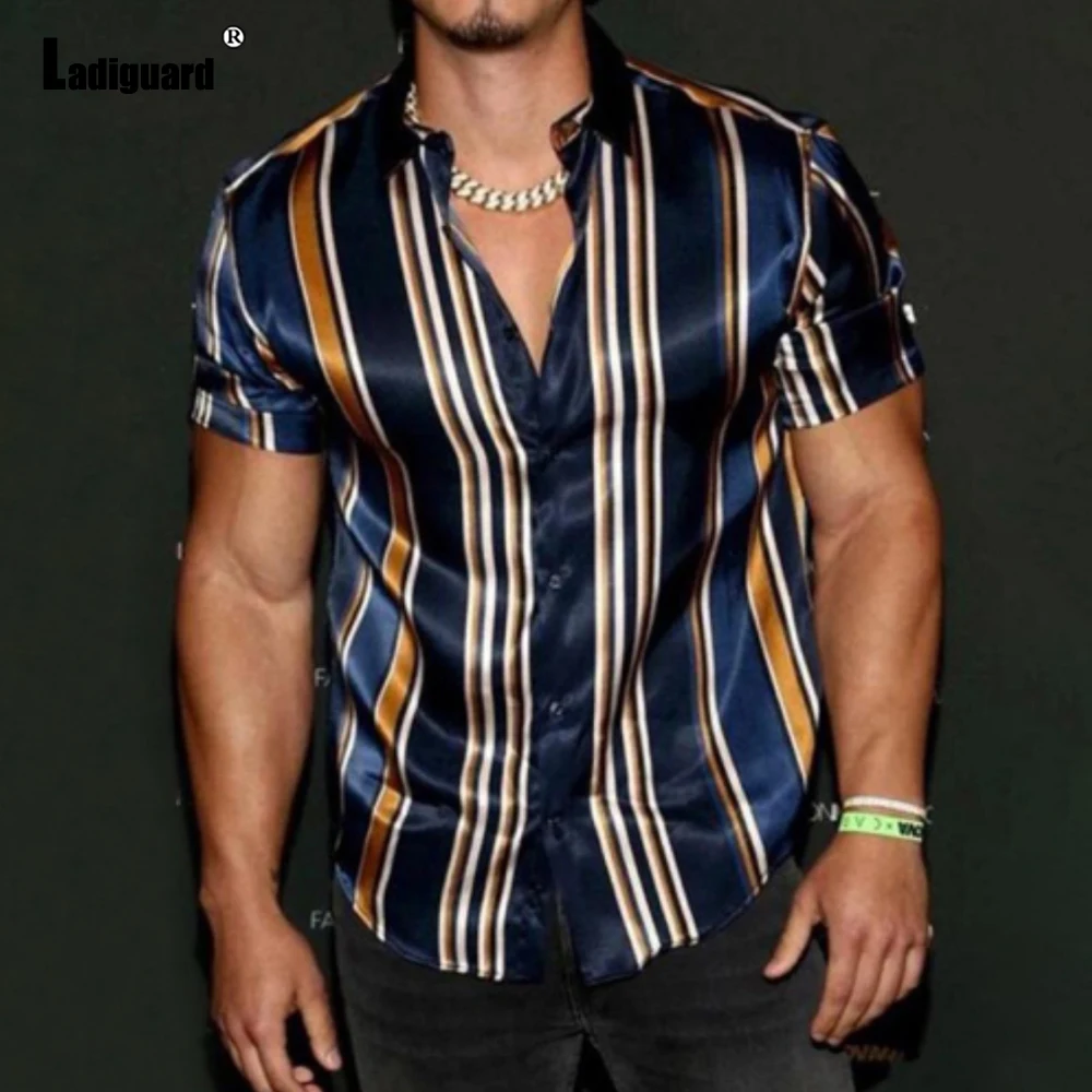 Plus Size 3xl Men Elegant Shirt Blouses Summer Model Stripes Tops Short Sleeve Casual Male Shirt blusas Sexy Mens Clothing
