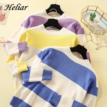 

Heliar Pacthwork Stripes Pullovers Autumn Women Round Neck Knitted Pullovers Women Casual Long Sleeve Winter Underwear Sweater