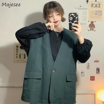 

Vests Women Solid Cargo Style Pockets Bf Oversize Leisure Chic Streetwear New Autumn Womens Unisex Students Harajuku Retro New