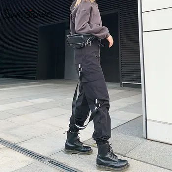 

Sexy New Patchwork Reflective Ribbon Punk Streetwear Pants Women Cargo Pants Elastic High Waisted Trousers Hip Hop Harem Pants