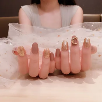 

24pcs press on nails Sweet Style Nude Pink Color Shiny Golden Glitter Sequins Detachable False Nail Patches with Glue TY