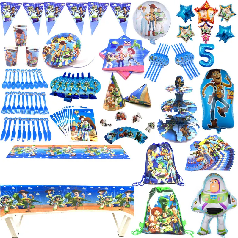 Toy Story4 Набор предметов на день рождения, вечерние тарелки, столовые приборы, бумажные соломинки, скатерть, салфетки на день рождения, украшение флага
