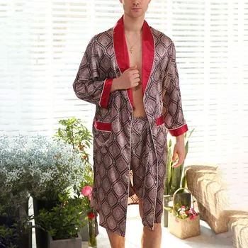 

Men's robe sets Fashion Printed 2psc Set Sleepwear Bathrobe Plus Size red print male Night Gown+Shorts