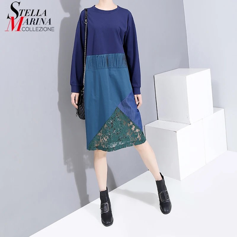 

* New 2019 Autumn Women Apparel Blue Patchwork Dress Full Sleeve Knee Length Lace Hem Ladies Elegant Dress Midi Robe Style 5611