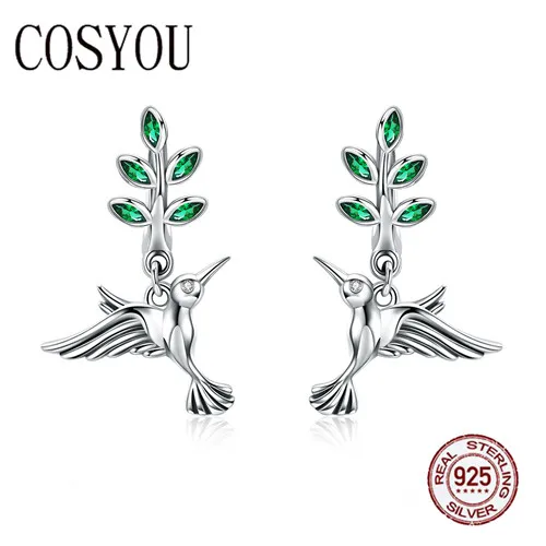 

COSYOU 2019 100% Genuine 925 Sterling Silver Hummingbirds Greetings Bird Stud Earrings for Women Fashion Earrings Jewelry SCE464