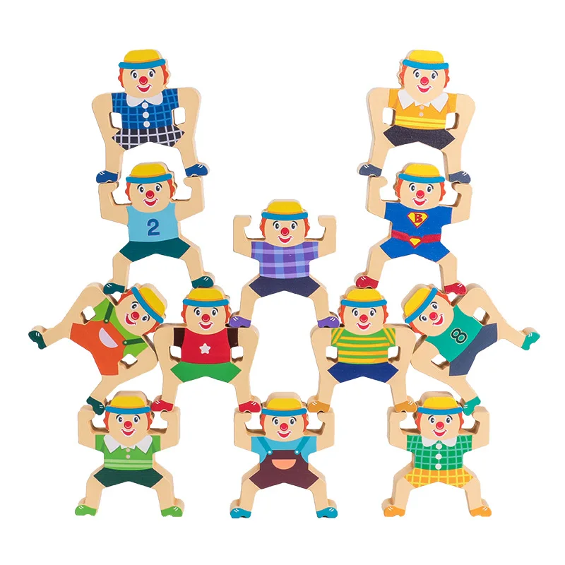 

12PCS Wooden Stacking Games the clown hercules Balancing beam Blocks Games Toddler Educational Toys For Kids gift