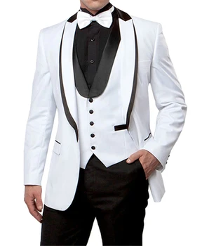 

Custom Made White With Black Pants Men Suit 3 Pieces Classic Groom Tuxedos Blazer Men Dress Vest Mens Bridegroom Suits