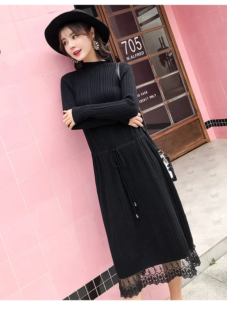 autumn and winter new sweater knit dress lace long sweater Korean fashion pregnant sweater