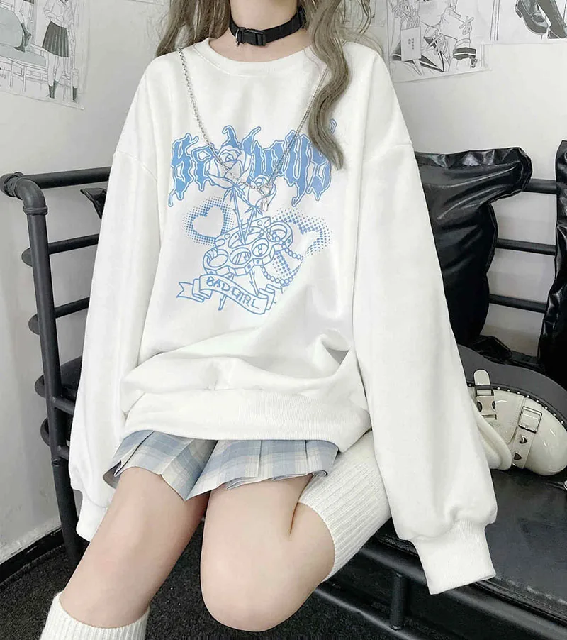 Japanese Sweet Cool Black And White Sweater Women Plus Velvet Thickening Autumn And Winter New Student Loose Harajuku Style Top