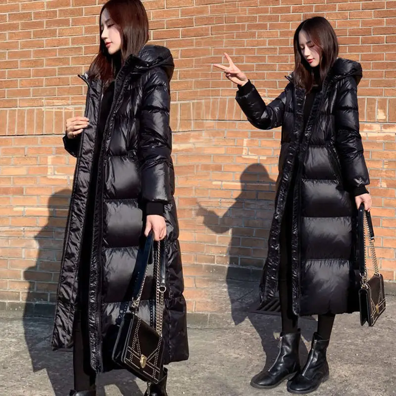 

Black Long Down Cotton Coat Parkas Female 2023 NEW Winter Cotton Jacket Glossy Thicken Hooded Keep Warm Windbreaker Overcoat