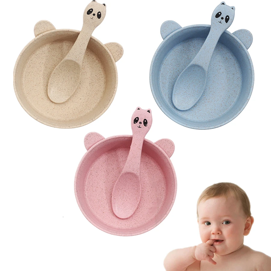 

2 Pcs/set Baby Feeding Food Tableware Cartoon Wheat Kid Dishe Eco-friendly Children Training Dinnerware Plate Bowl Spoon Bibs